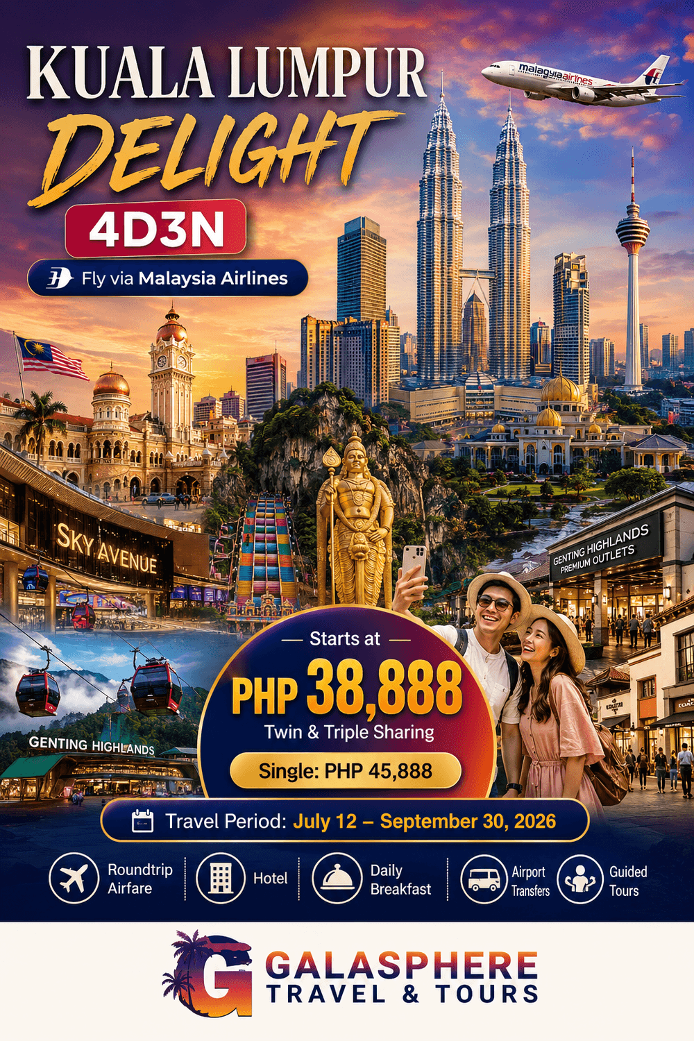 Premium promotional travel poster by Galasphere Travel & Tours featuring Kuala Lumpur Delight 4 Days 3 Nights tour package with Malaysia Airlines, Petronas Twin Towers, Batu Caves, Genting Highlands, King's Palace, KL Tower, Independence Square and Kuala Lumpur city skyline during golden hour. Includes airfare, hotel accommodation, breakfast, guided city tour and airport transfers starting at PHP 38,888 per person.