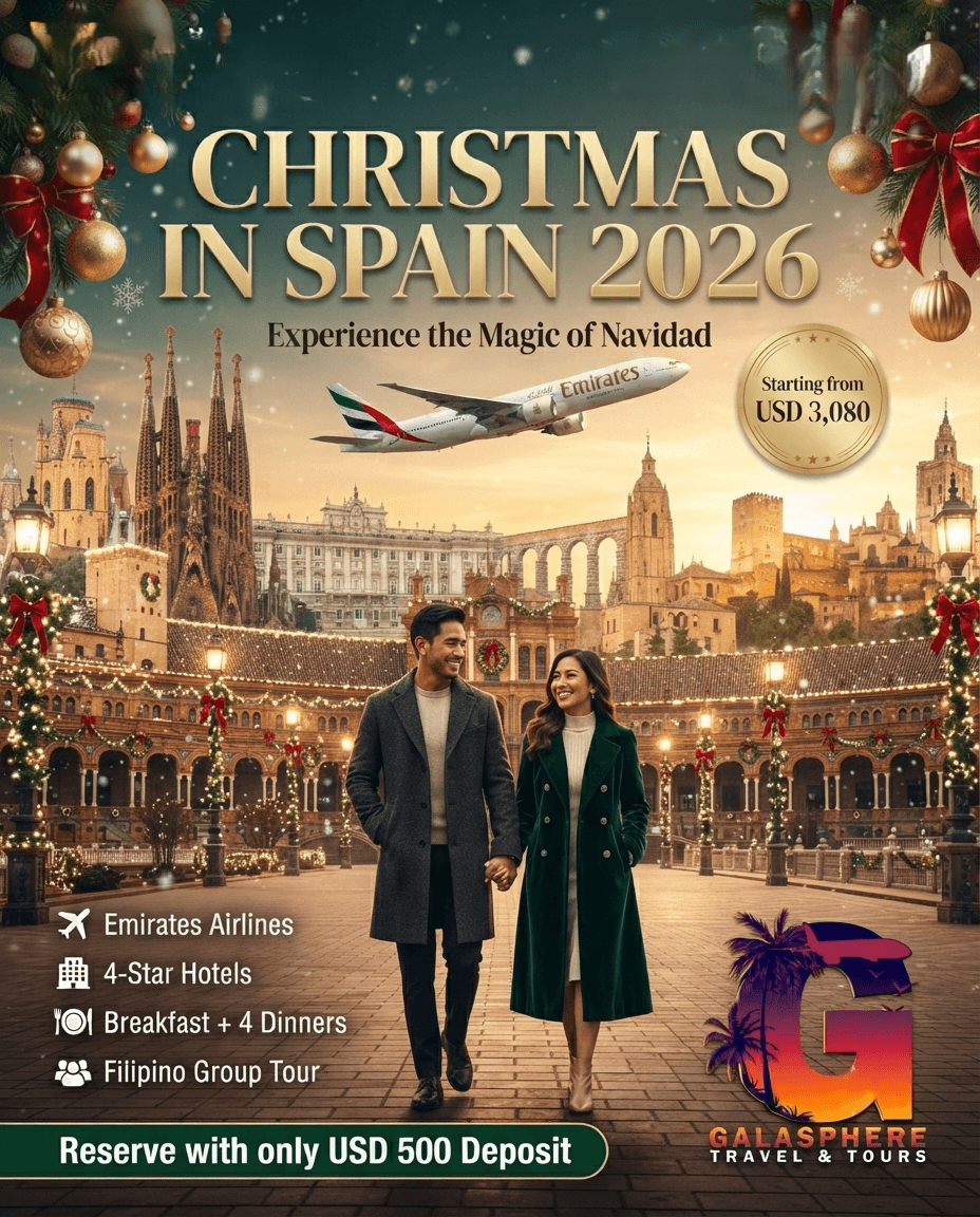 Galasphere Travel & Tours 11D9N Christmas in Spain 2026 luxury group tour featuring Barcelona, Montserrat, Valencia, Granada, Seville, Salamanca, Ávila, Segovia and Madrid with Emirates Airlines, festive Christmas markets, iconic Spanish landmarks, premium hotels, and guided holiday vacation package.