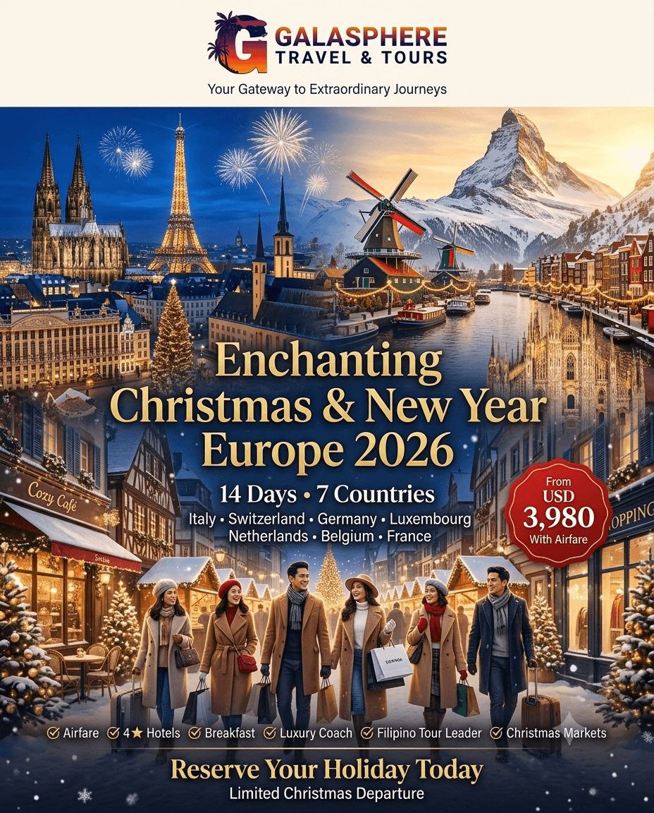 Galasphere Travel & Tours Enchanting Christmas and New Year Europe 2026 travel package featuring Italy, Switzerland, Germany, Luxembourg, Netherlands, Belgium, and France. Fourteen-day guided group tour with airfare, four-star hotels, luxury coach transportation, Christmas markets, Mount Titlis, Amsterdam Canal Cruise, Paris sightseeing, and holiday celebrations across Europe's most iconic destinations.