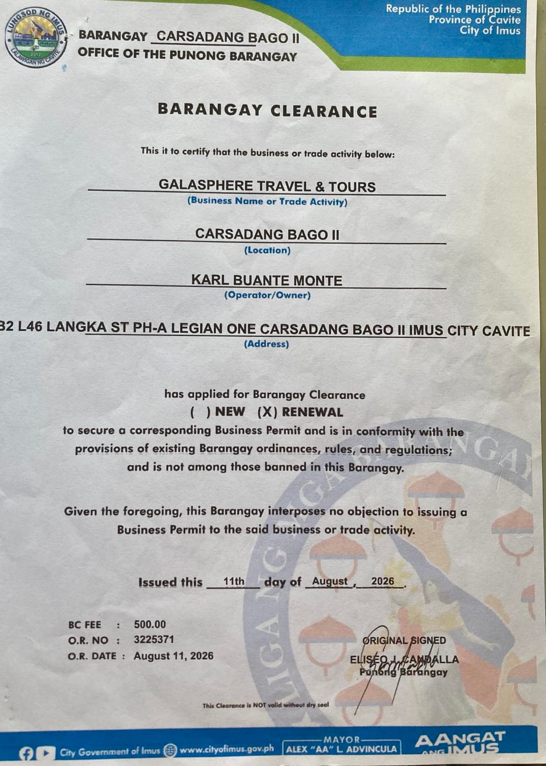 Barangay Certificate 2026 of Galasphere Travel And Tours