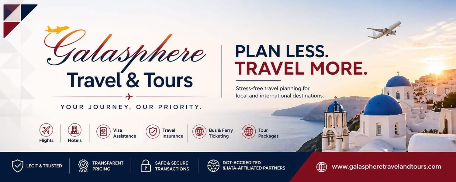 Homepage banner of GalaSphere Travel & Tours, a travel agency in the Philippines offering international and local tour packages, flights, hotel bookings, and visa assistance. The image features a tropical beach with palm trees and boats on the left and a modern international city skyline at sunset on the right, symbolizing local and global travel experiences.