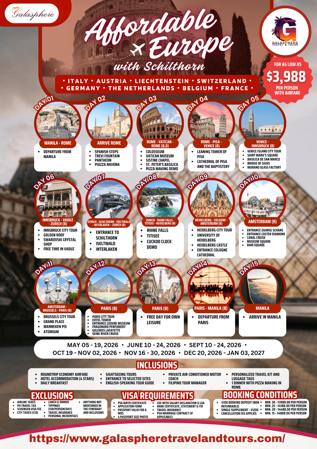 Promotional flyer for Affordable Europe 2026 tour featuring a 15-day itinerary across Italy, Austria, Liechtenstein, Switzerland, Germany, the Netherlands, Belgium, and France. Includes Rome, Venice, Swiss Alps, Amsterdam, Brussels, and Paris with pricing, travel dates, inclusions, exclusions, visa requirements, and booking conditions.