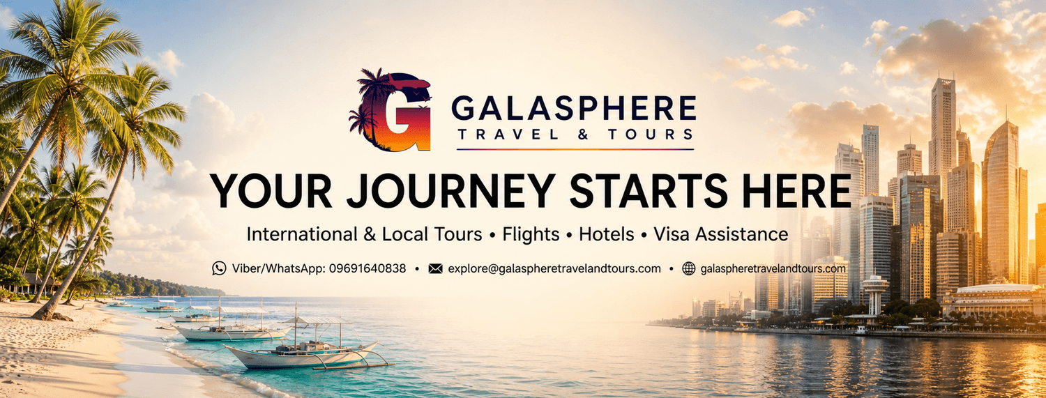 Homepage banner of GalaSphere Travel & Tours, a travel agency in the Philippines offering international and local tour packages, flights, hotel bookings, and visa assistance. The image features a tropical beach with palm trees and boats on the left and a modern international city skyline at sunset on the right, symbolizing local and global travel experiences.