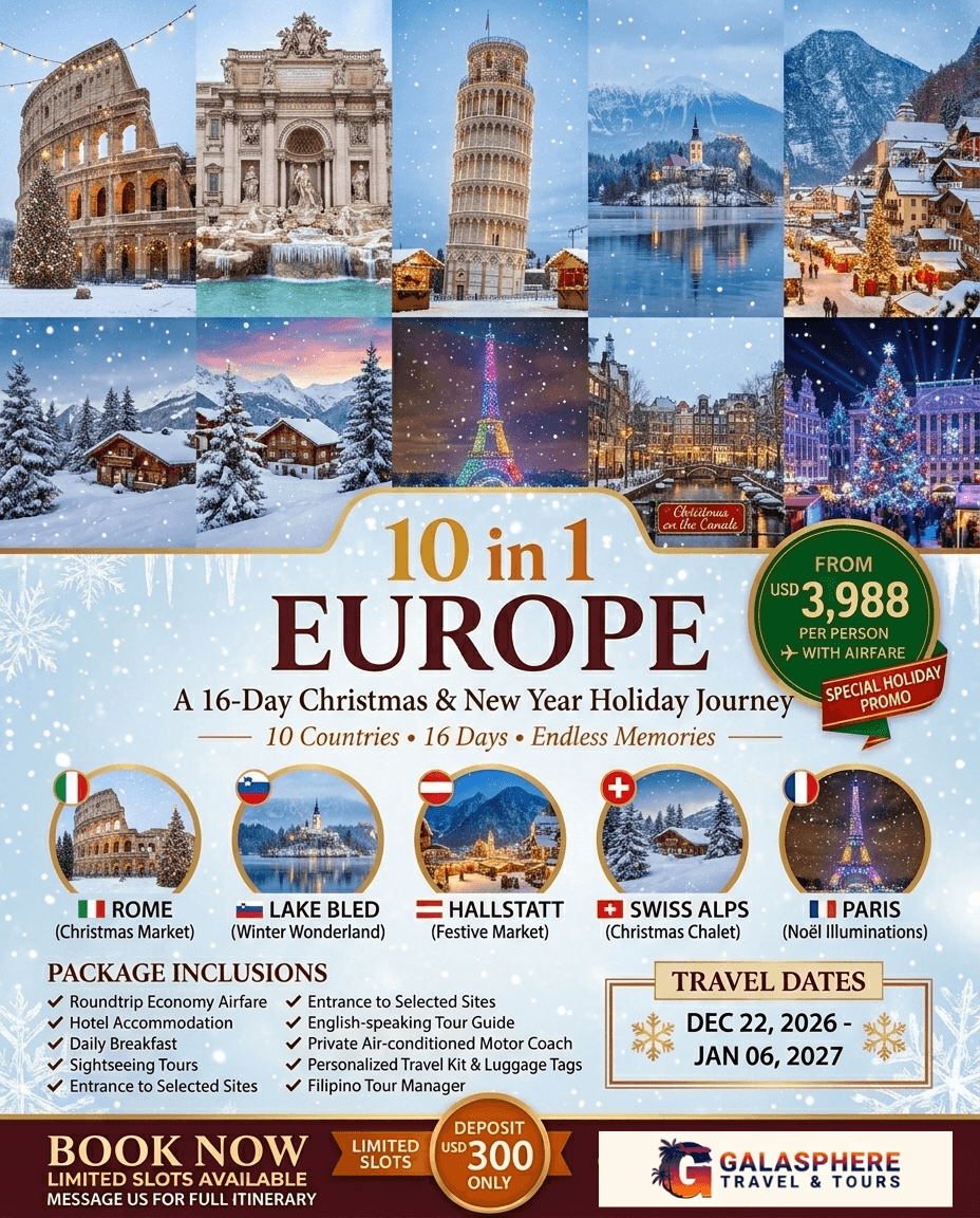 Christmas and New Year Europe Tour 2026-2027 featuring Italy, Slovenia, Austria, Switzerland, Liechtenstein, France, Germany, Luxembourg, Netherlands and Belgium with festive Christmas markets, Swiss Alps winter scenery, Paris holiday lights, Amsterdam canals and New Year celebrations.