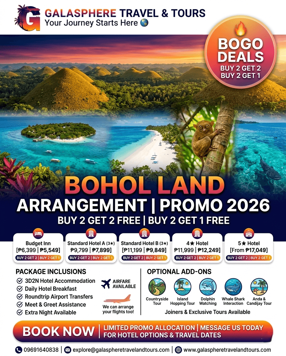 Premium Bohol travel package advertisement showcasing Chocolate Hills, Panglao white sand beaches, Balicasag Island, dolphin watching, island hopping adventures, 3D2N hotel accommodation, airport transfers, optional exclusive tours, and special BOGO hotel promotions for 2026 travelers in the Philippines.
