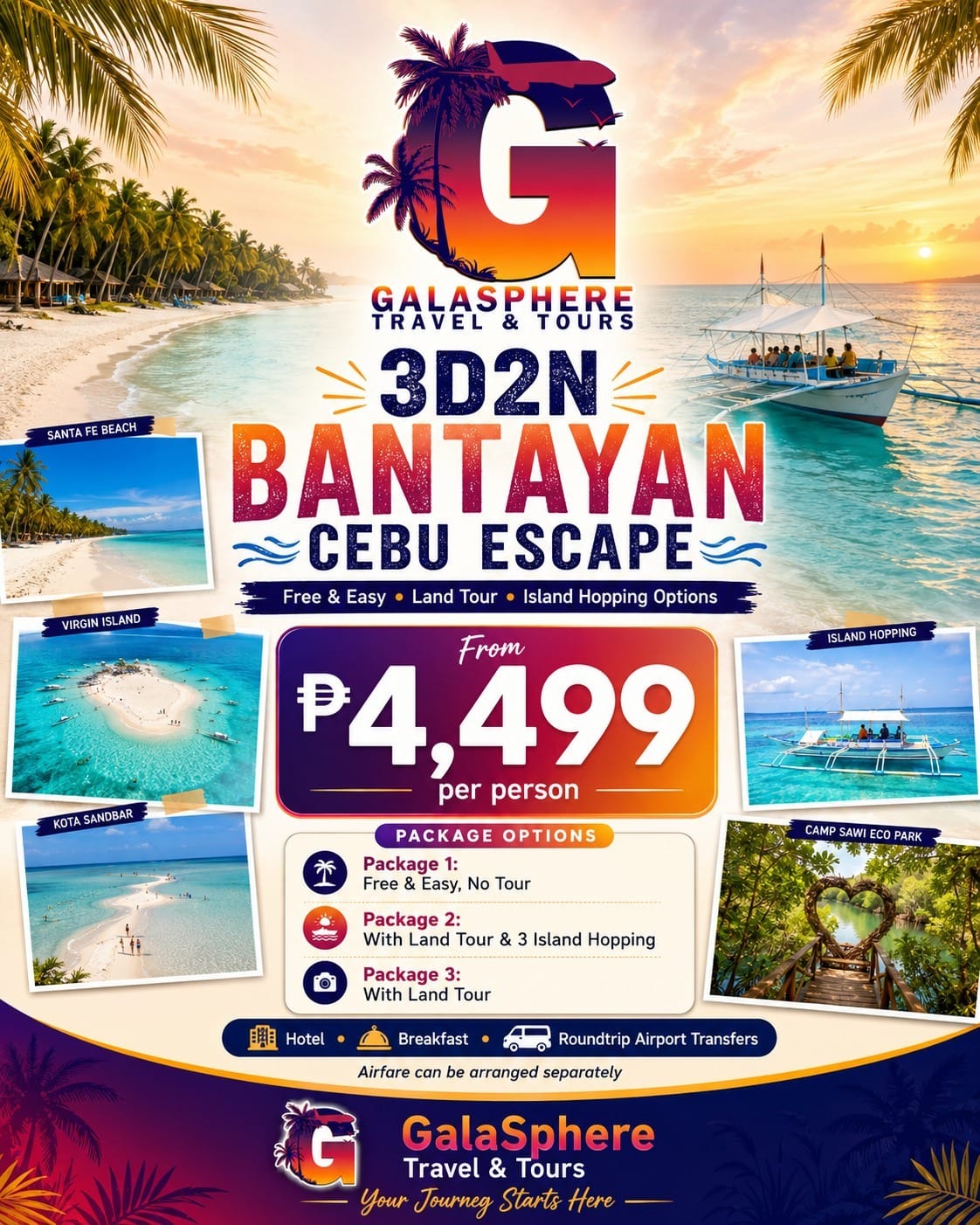 A cinematic, vertical travel poster for "Bantayan Island Escape, Cebu, Philippines." At the center, a relaxed man in a light linen shirt and olive shorts stands atop a stylized, 3D topographical map of Bantayan Island. The map is detailed with coral textures, sandy beaches, and glowing route markers. Behind him, a breathtaking tropical backdrop features crystal-clear turquoise waters, white sand coastlines, and traditional wooden boats under a soft, sun-kissed sky. The pins on the map highlight key locations like Santa Fe, Virgin Island, and Camp Sawi. The overall aesthetic is "barefoot luxury" with a clean, modern editorial layout.