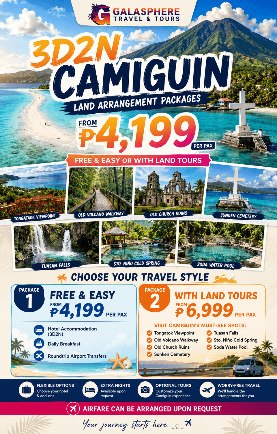 A promotional travel poster for a 3D2N Camiguin land arrangement package by Galasphere Travel & Tours. The top of the image features a panoramic view of White Island sandbar and Mount Hibok-Hibok. The poster highlights package rates starting at 4,199 Pesos for Free and Easy and 6,999 Pesos with land tours, showcasing local tourist spots like Tongatok Viewpoint, Old Volcano Walkway, Old Church Ruins, Sunken Cemetery, Tuasan Falls, Sto. Niño Cold Spring, and Soda Water Pool.