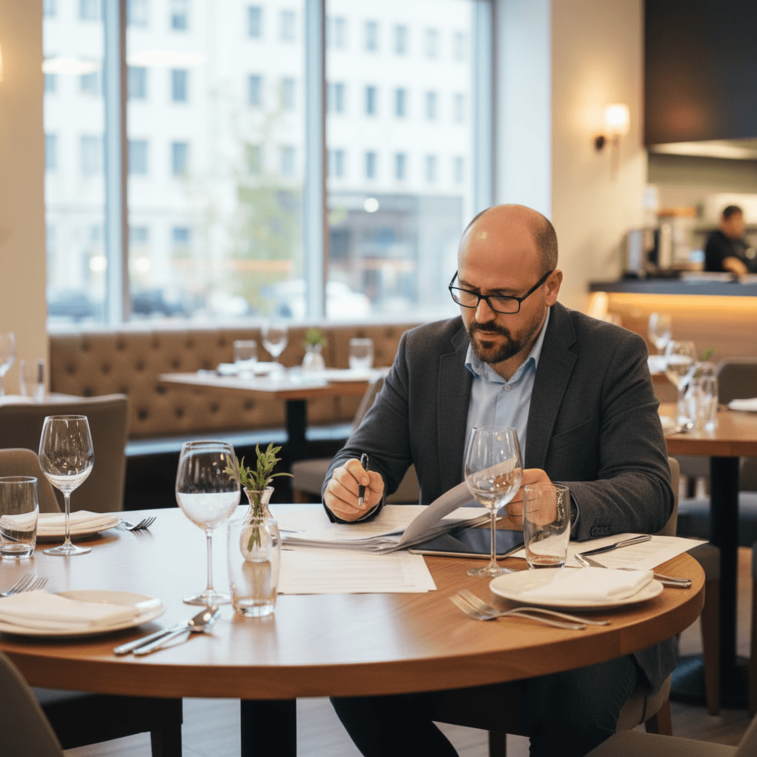 Consulente analizza la gestione di un ristorante seduto in sala