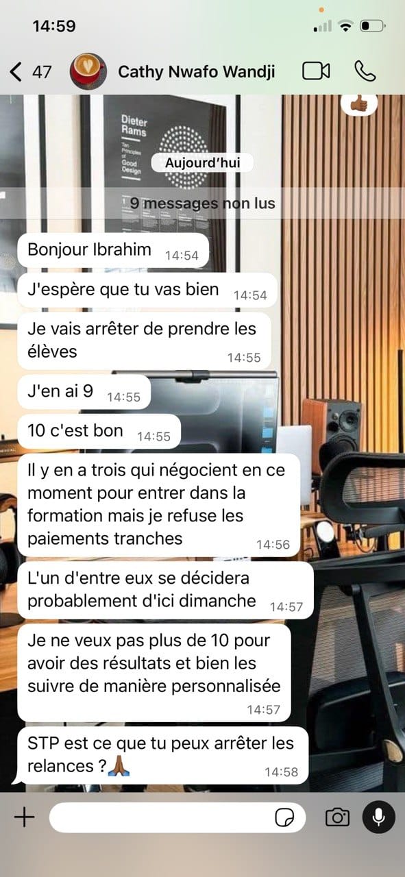 Message WhatsApp de Cathy : elle est complète à 10 clients