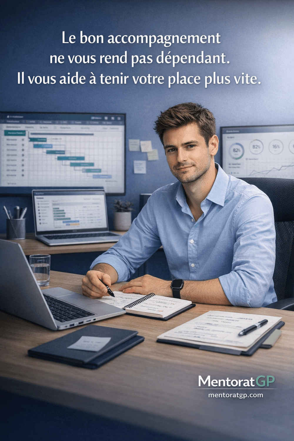 Chef de projet IT junior en environnement structuré avec tableau de pilotage et planning clair, illustrant la montée en confiance et en posture grâce à l’accompagnement