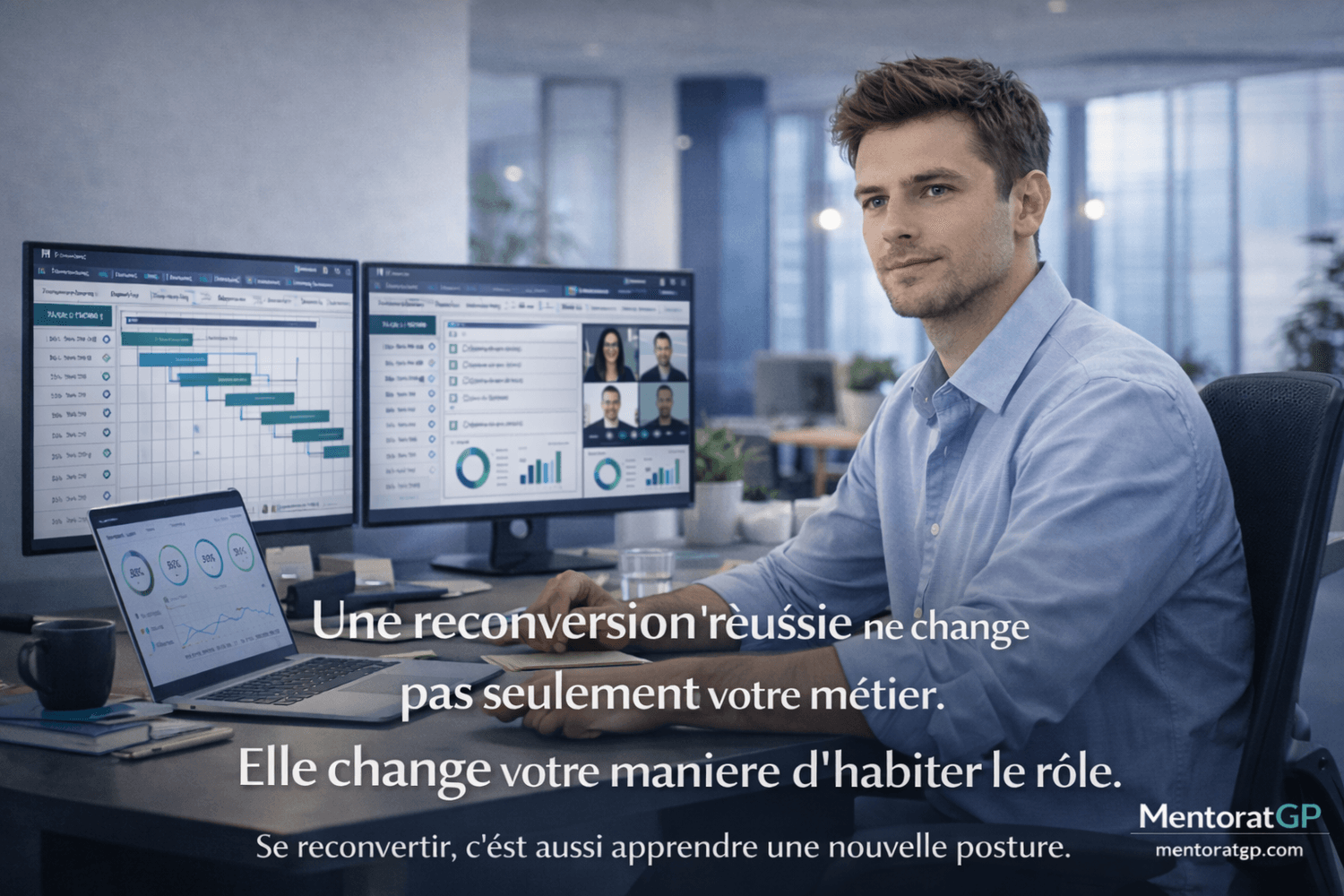 Chef de projet IT en reconversion avec posture stable et environnement projet structuré, illustrant la prise de rôle sur le terrain
