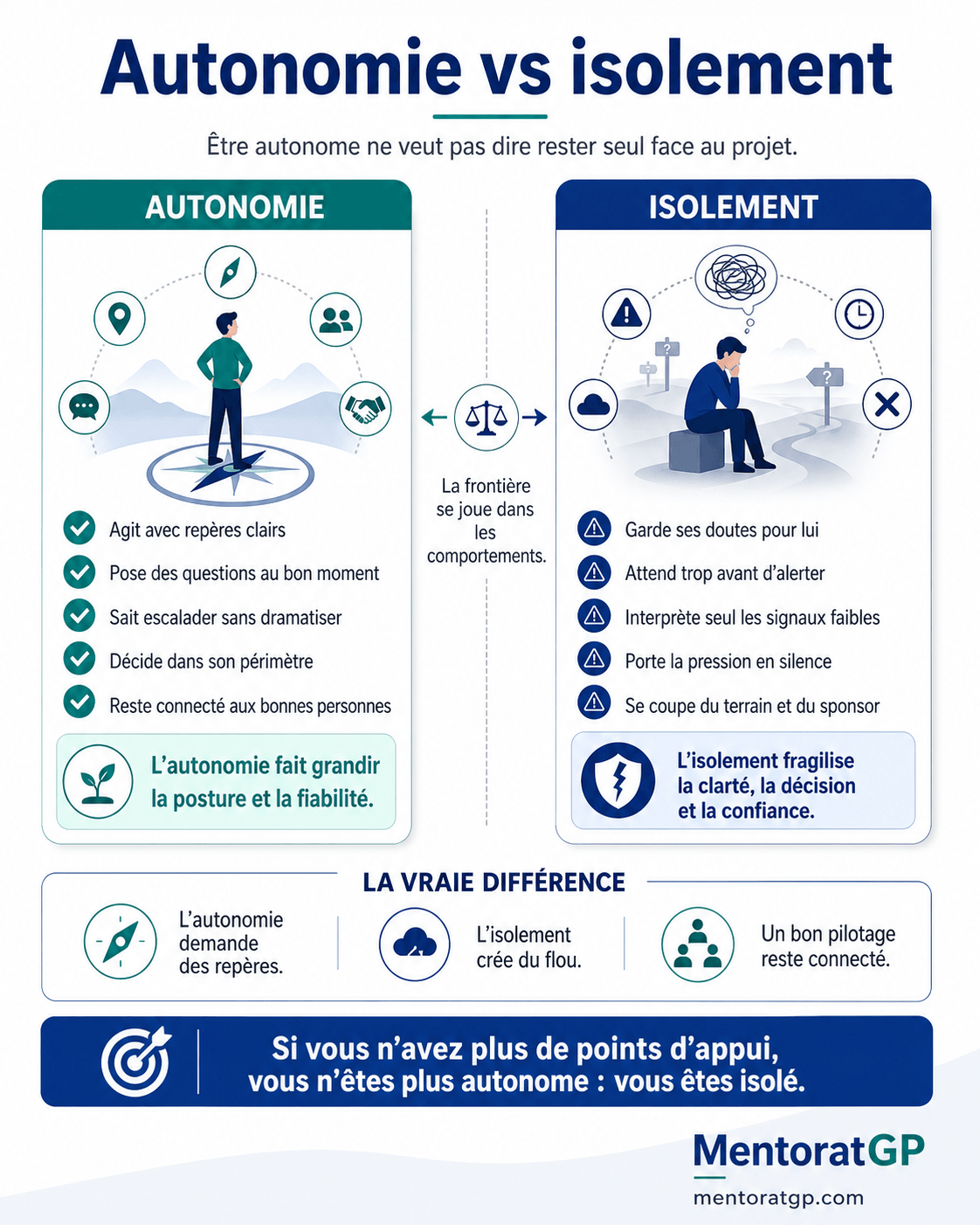 Schéma expliquant la différence entre autonomie et isolement du chef de projet IT