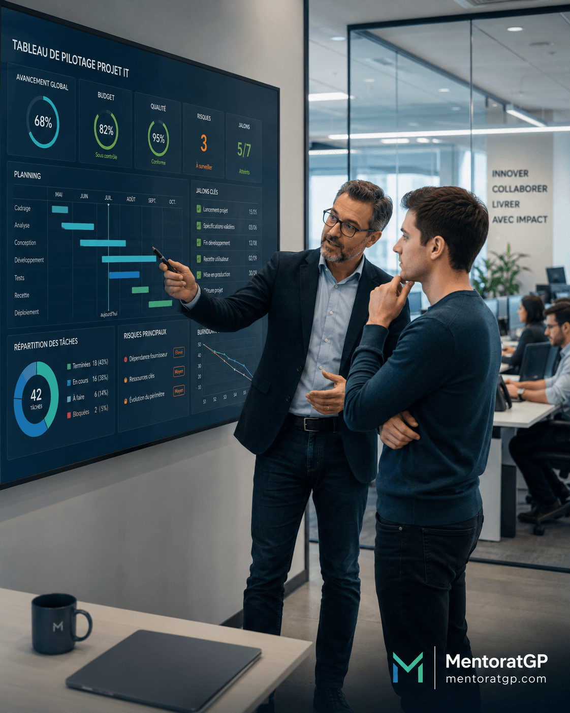Mentorat chef de projet IT avec un mentor accompagnant un profil junior devant un tableau de pilotage