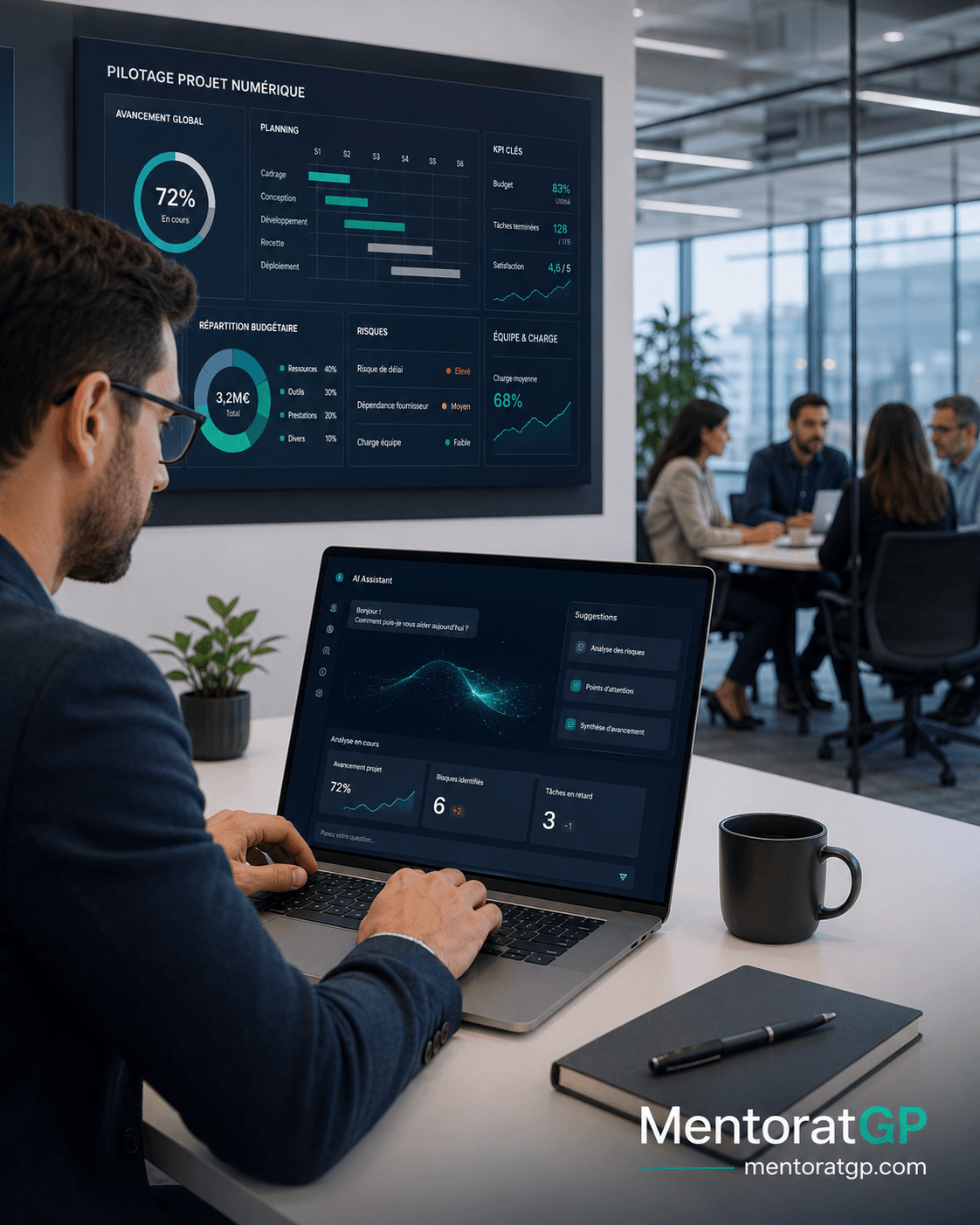 Chef de projet IT utilisant l’intelligence artificielle pour préparer un pilotage projet