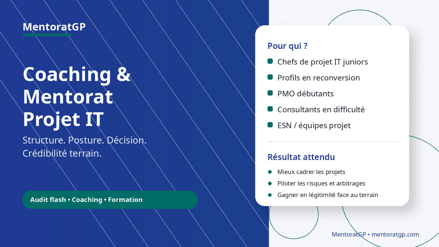 Visuel MentoratGP présentant les services de coaching, mentorat, audit flash et formation en gestion de projet IT pour chefs de projet juniors, profils en reconversion, PMO débutants et consultants.