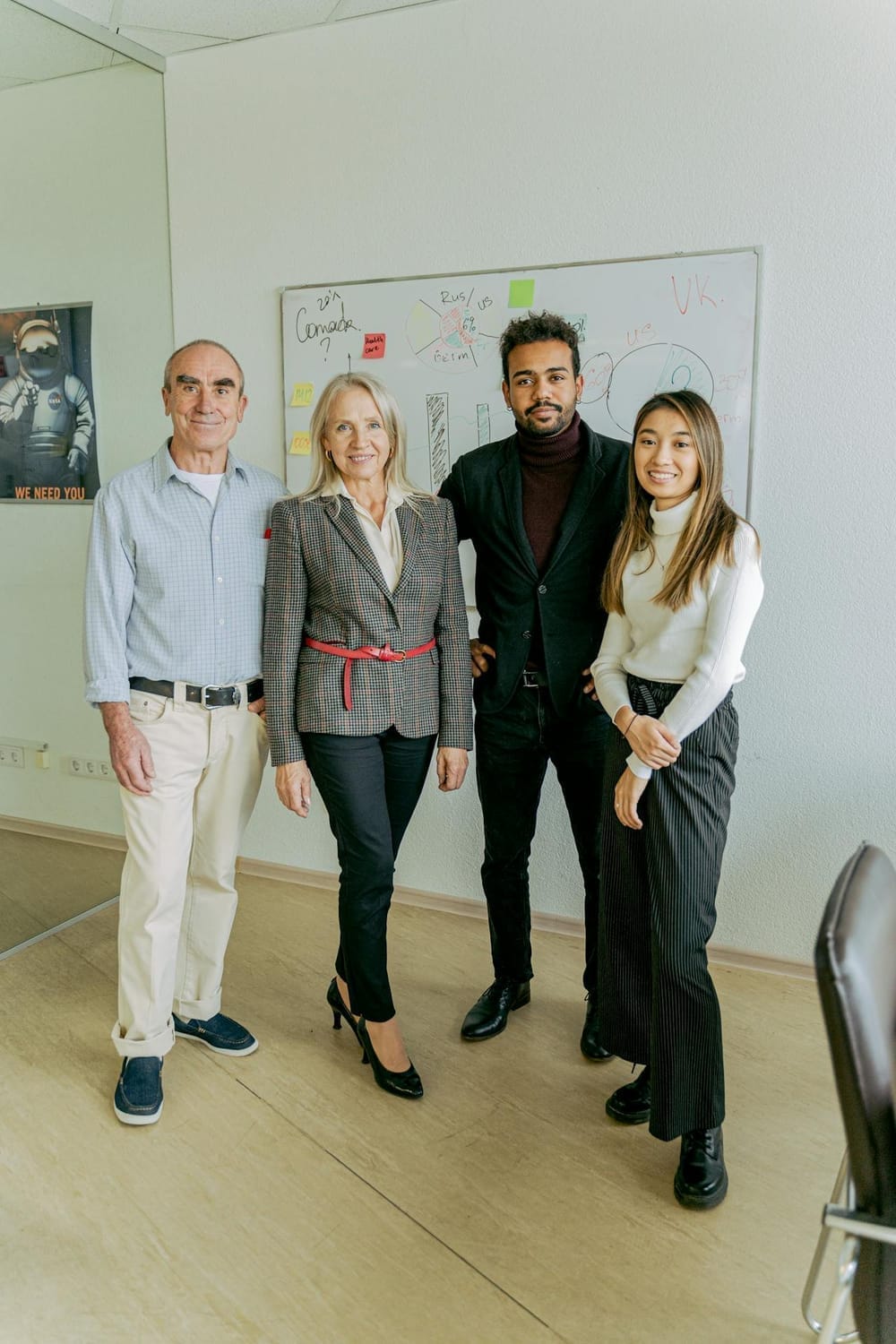 Four people standing in front of a white board symbolizing a corporate coaching team