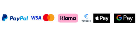 Zahlungsmöglichkeiten: Paypal, Visa/Mastercard, Klarna, Vorkasse, Apple Pay, Google Pay