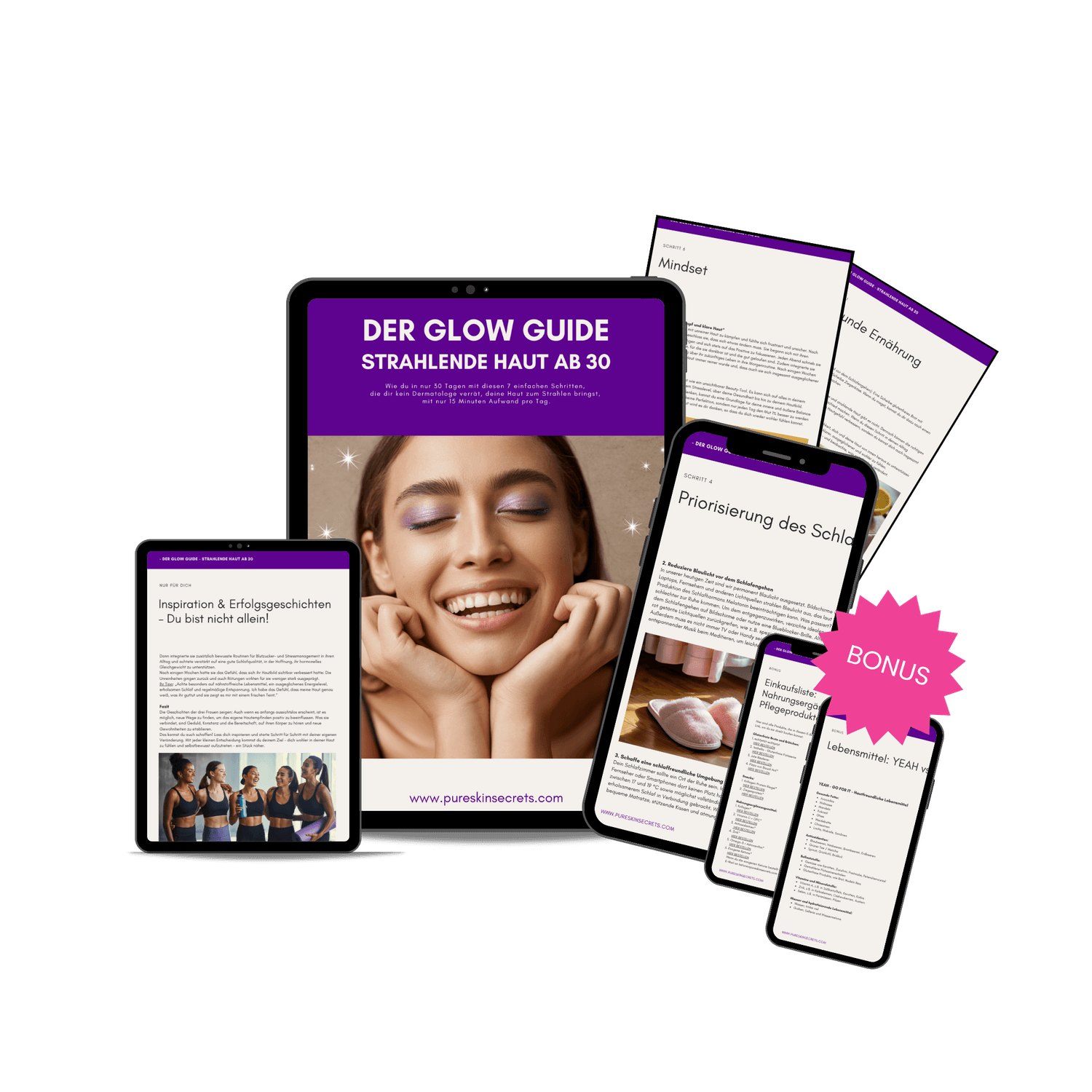 Mockup: Seiten des E-Books: Der Glow Guide, auf Tablets und Smartphones dargestellt