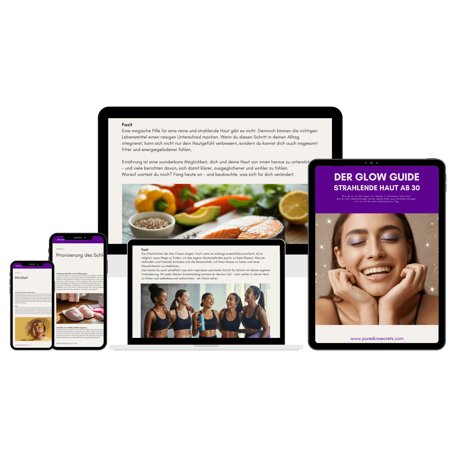 Mockup: Seiten des E-Books, Der Glow Guide, auf Tablets und Smartphones dargestellt