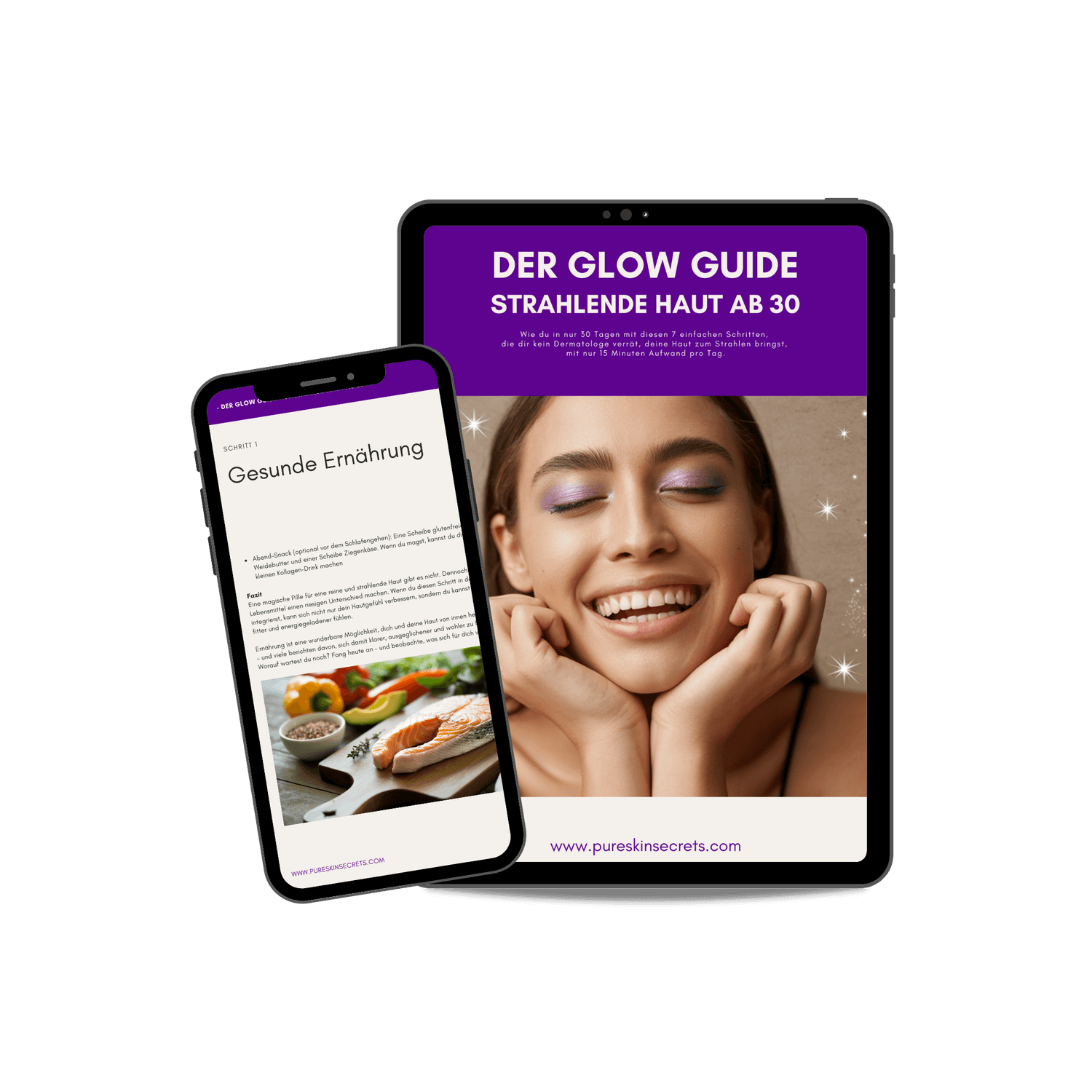 Mockup: Seiten des E-Books, Der Glow Guide, auf Tablets und Smartphones dargestellt