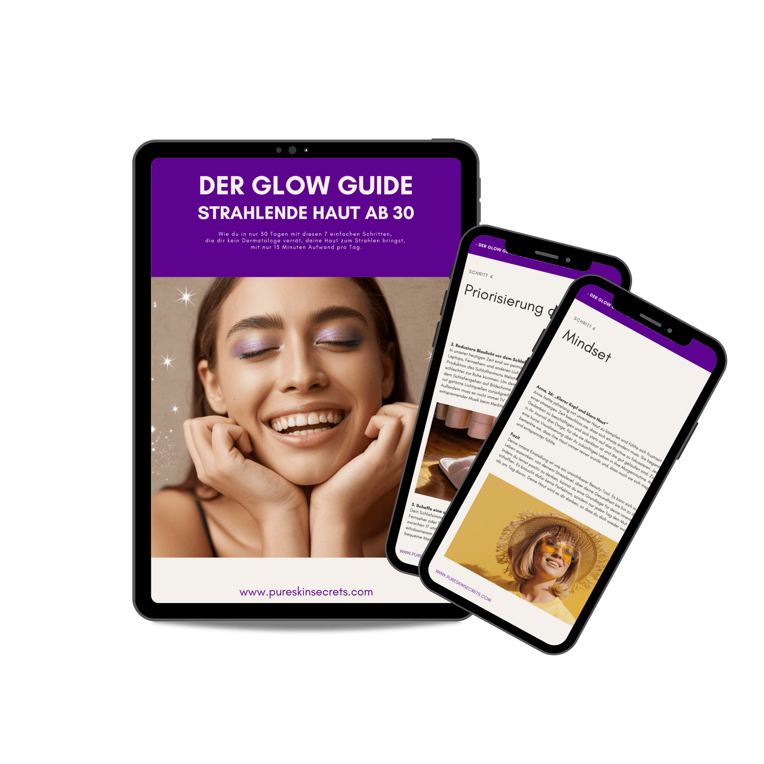 Mockup: Seiten des E-Books, Der Glow Guide, auf Tablets und Smartphones dargestellt