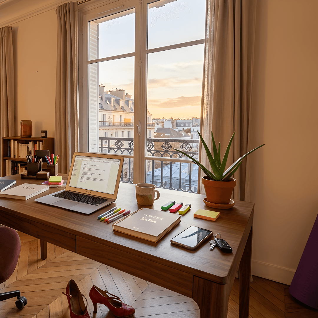 Espace de travail serein et minimaliste à la maison, illustration organisation et bien-être au travail