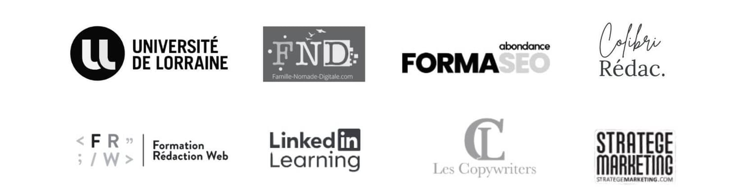 Bandeau de 8 logos d'organismes de formation où Sade Diafat s'est formée en SEO, SEO local, fiche Google et copywriting.