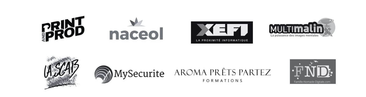 Bandeau d'images de 8 logos d'entreprises clientes de Sade en SEO local et rédaction web.