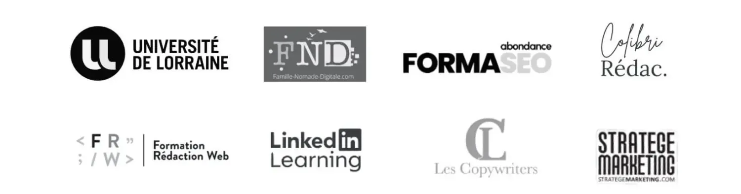 Bandeau d'images de 8 logos d'organismes de formation où Sade s'est formée.