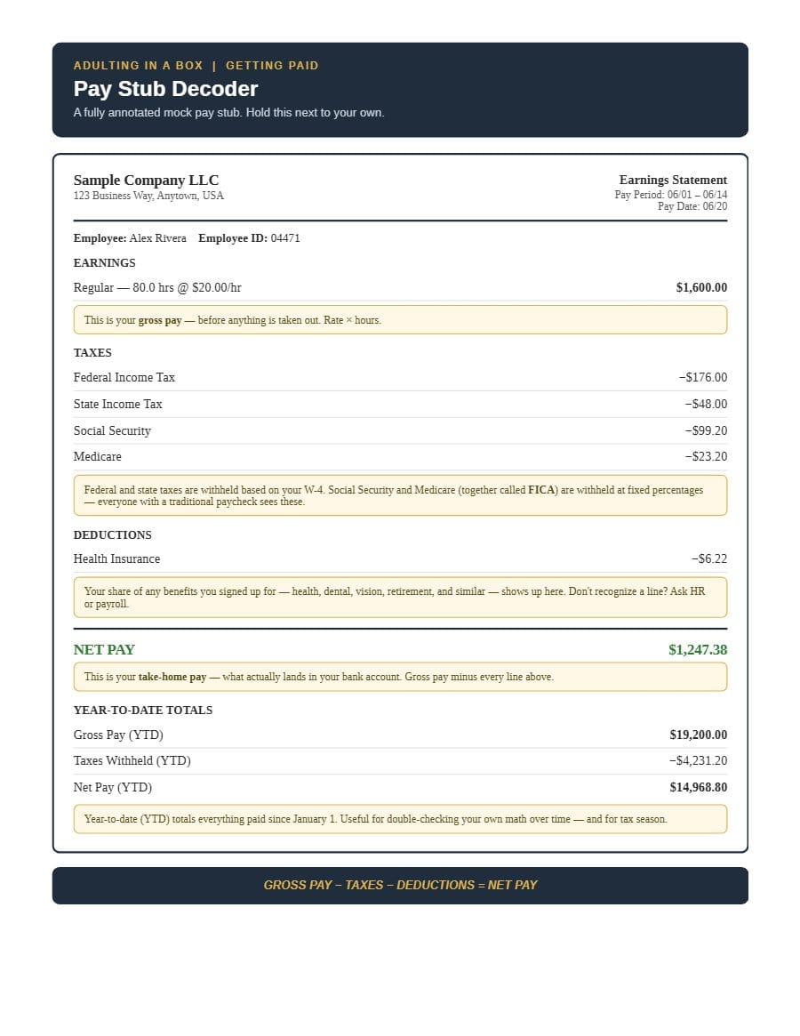 Pay Stub Decoder worksheet from Adulting in a Box