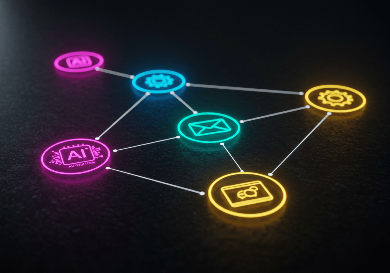 Visual of interconnected digital business tools and automation