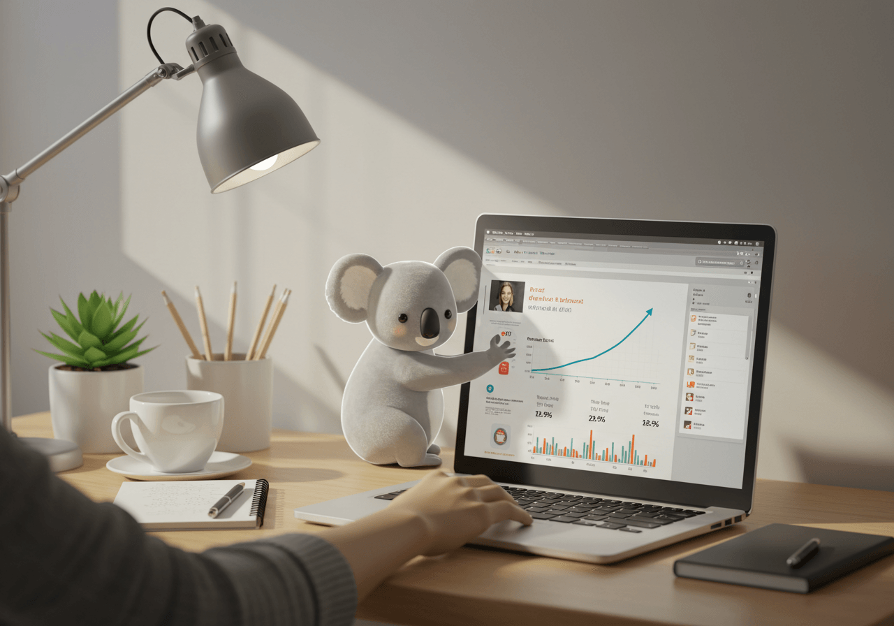 Koala AI writing blog content with upward traffic trend