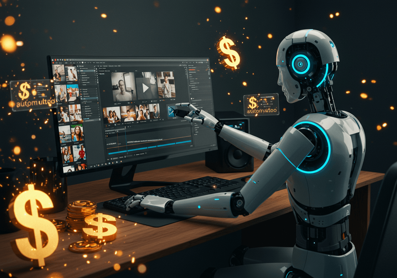AI robot creating and automating a faceless YouTube channel as a digital side hustle.