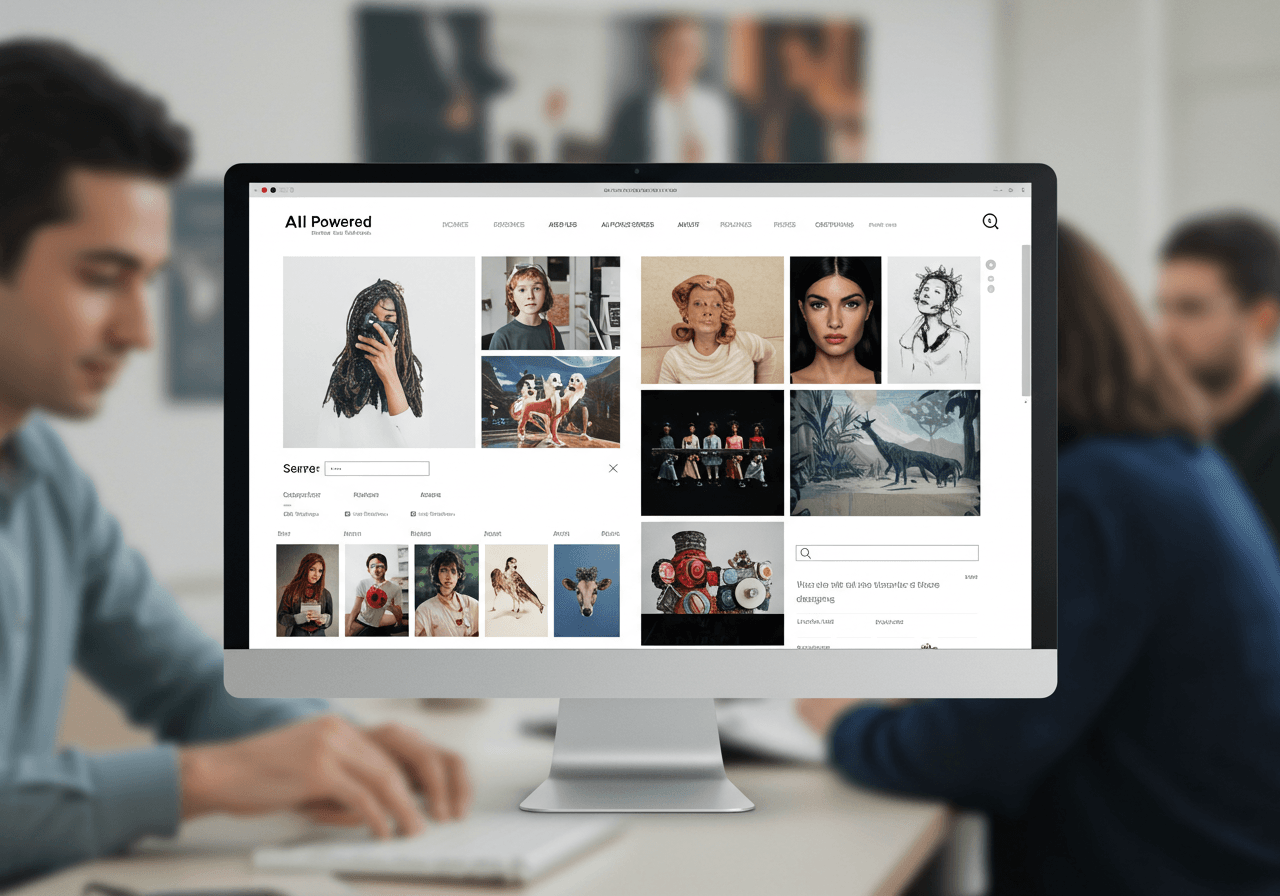 A sleek online storefront showcasing AI-generated artwork on posters set against a clean, modern people background—representing an AI-powered print-on-demand art business.