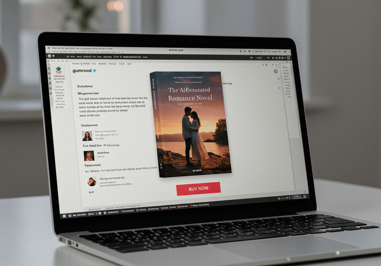 A digital ebook cover displayed on a laptop next to a "Buy Now" button on a Gumroad sales page, symbolizing the process of selling AI-written ebooks online.