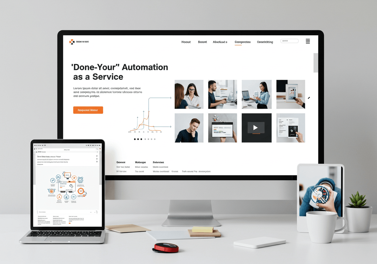 A digital freelancer showcasing an automation dashboard with flowcharts and app integrations to a relaxed client, representing a “done-for-you” automation service business.
