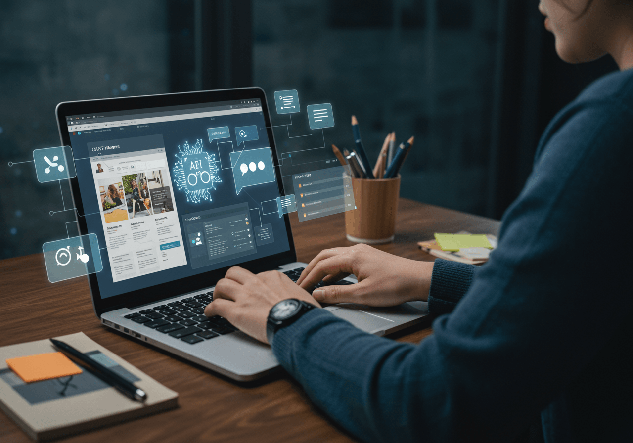 A person working on a laptop to build a custom AI chatbot for a niche website, with chatbot flows and blog elements on screen—symbolizing AI-powered chatbot development for niche audiences.