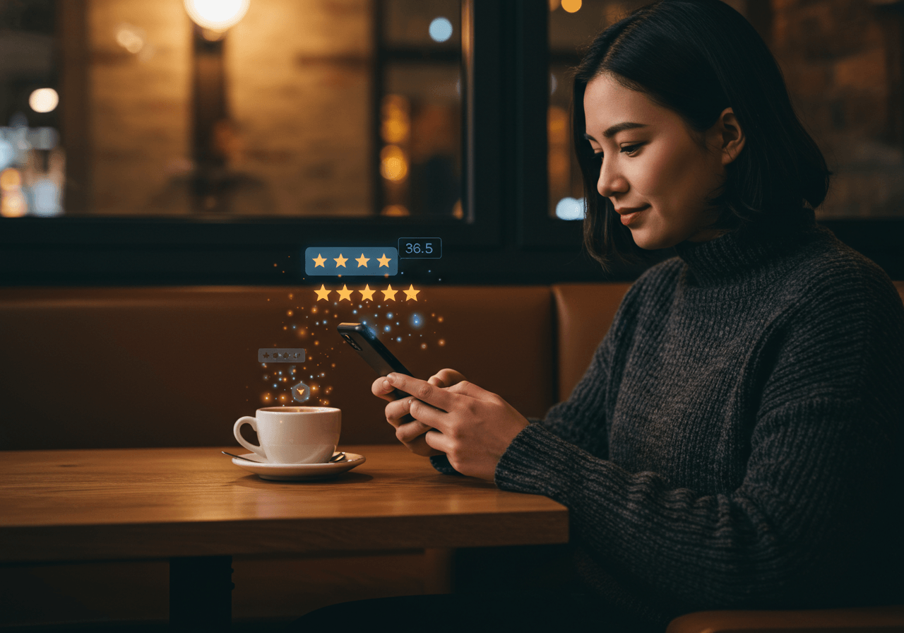 Person reading positive online reviews on their phone, showing the power of social proof
