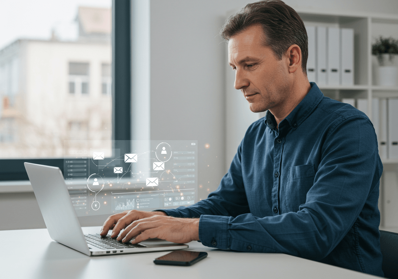 Small business owner using automation to send review follow-ups to their customers
