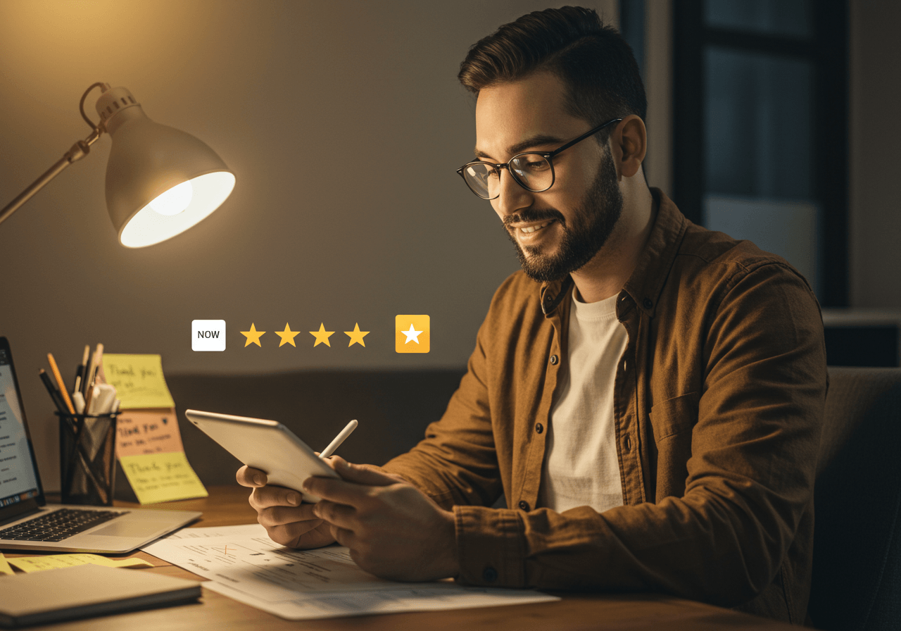 Solo entrepreneur managing customer reviews and feedback using the RevuSend app