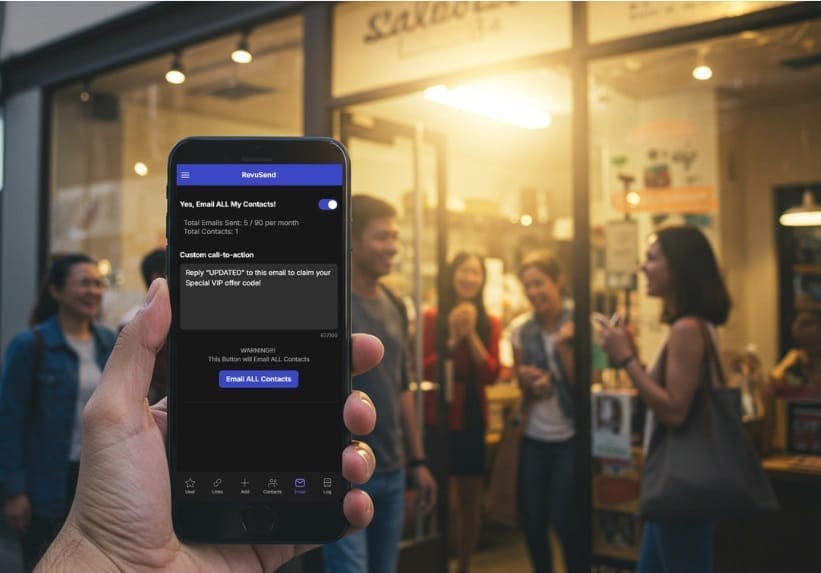 Email review request open on phone screen using RevuSend, ready to send to customers