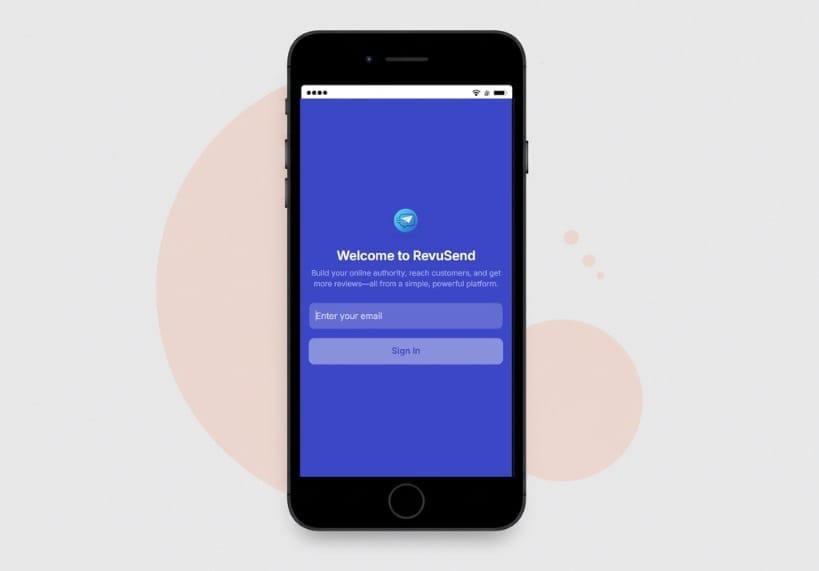RevuSend app interface with options to send review requests via Google, Facebook, and Yelp