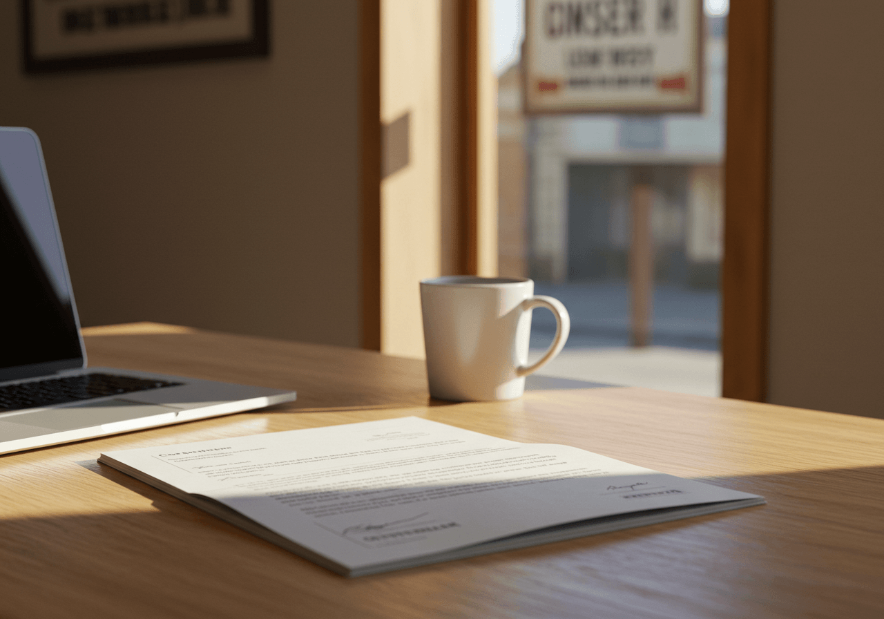A clean, minimal legal document on a desk next to a laptop and coffee mug, soft lighting, rural business vibe, with small-town signage in the background through a window.