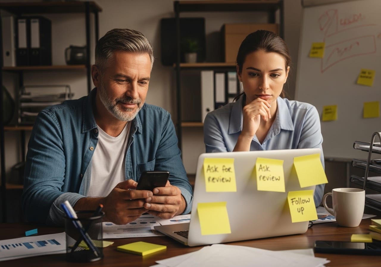 Frustrated small business owners and staff overwhelmed by reminders and devices, showing how asking for reviews gets forgotten during busy workdays.