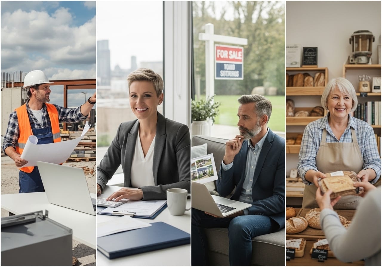 Collage of local business types including contractors, real estate agents, and service professionals using review software.
