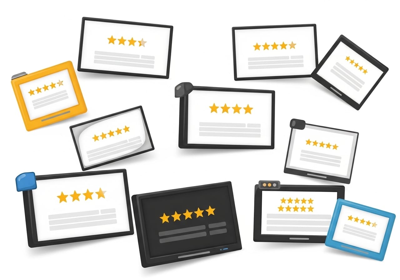 Collection of five-star online reviews appearing on multiple platforms, representing increased trust and social proof.