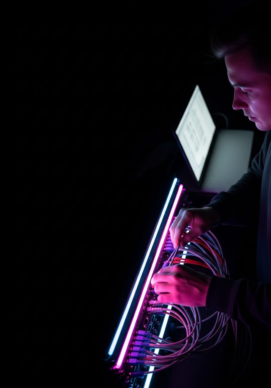 Person working at a technical workstation, representing human craftsmanship and digital systems engineering against a dark, modern background.