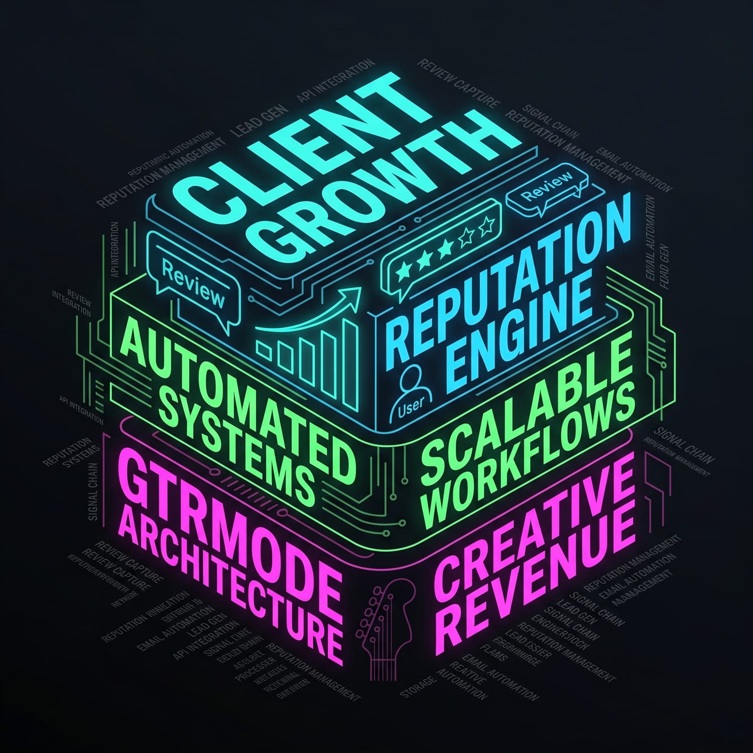 A futuristic typographic mockup of the Bright Stacker systems, featuring glowing neon text for RevuSend reputation management and GTRmode creative workflows on a dark background.