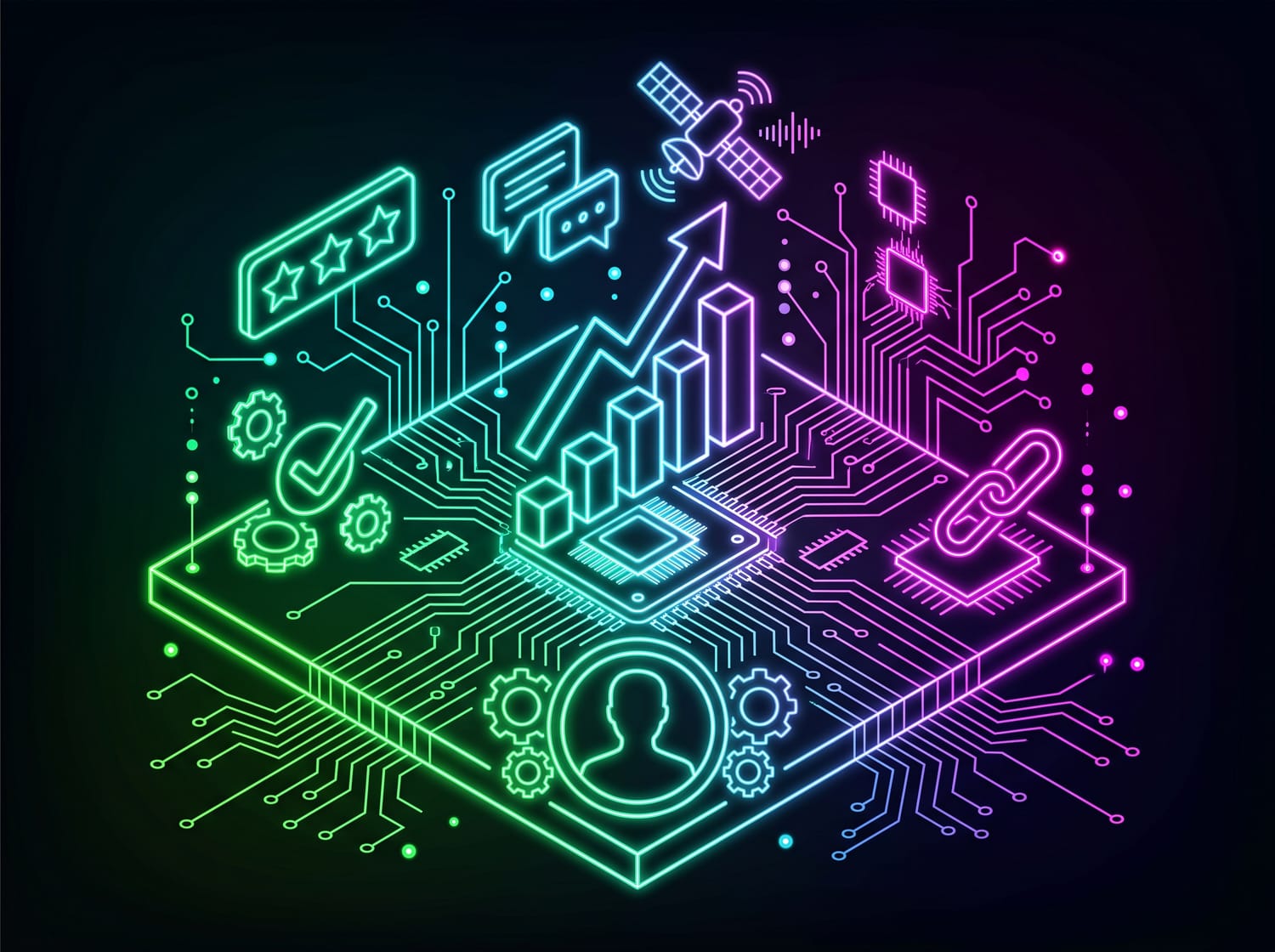 A neon isometric infographic showing the Bright Stacker system architecture, featuring integrated growth charts, automated review stars, and human-centric design elements for small businesses.