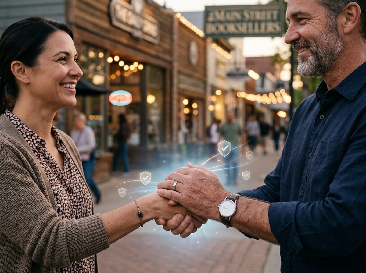 A business owner and a customer sharing a handshake, symbolizing the importance of trust and personal connection in local business reputation